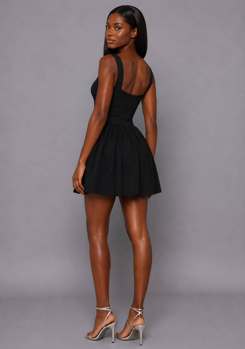 Sofia | Square Neck Skater Skirt Black Mini Dress