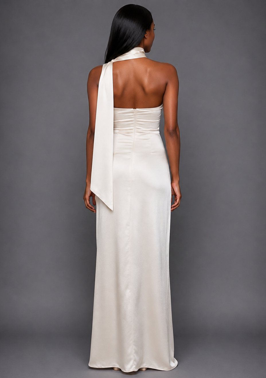 Back image of a model wearing the VSPR Cordula Cream Maxi Dress, showcasing the smooth satin finish, graceful drape, and elongated maxi silhouette against a grey studio backdrop