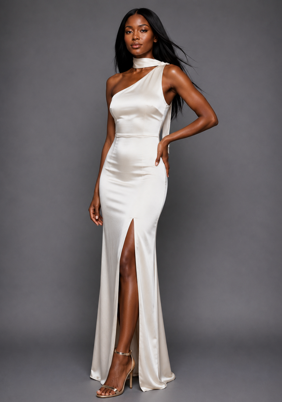 Side front image of a model wearing the VSPR Cordula Cream Maxi Dress, showcasing the one-shoulder design, fluid satin drape, and elegant side split against a grey studio backdrop.