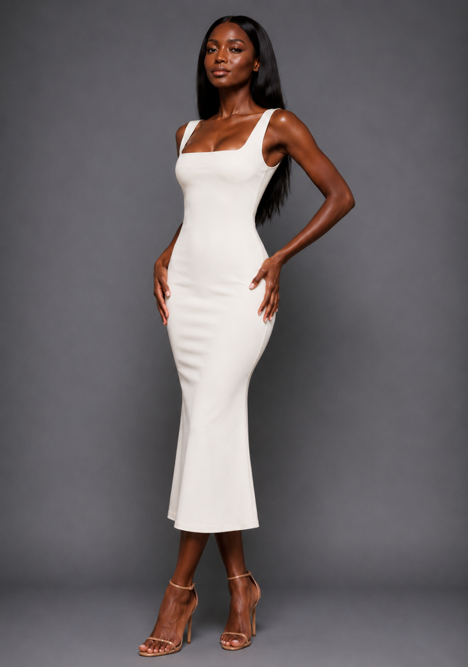 Marianna | Square Neckline Fishtail Ivory Midaxi Dress