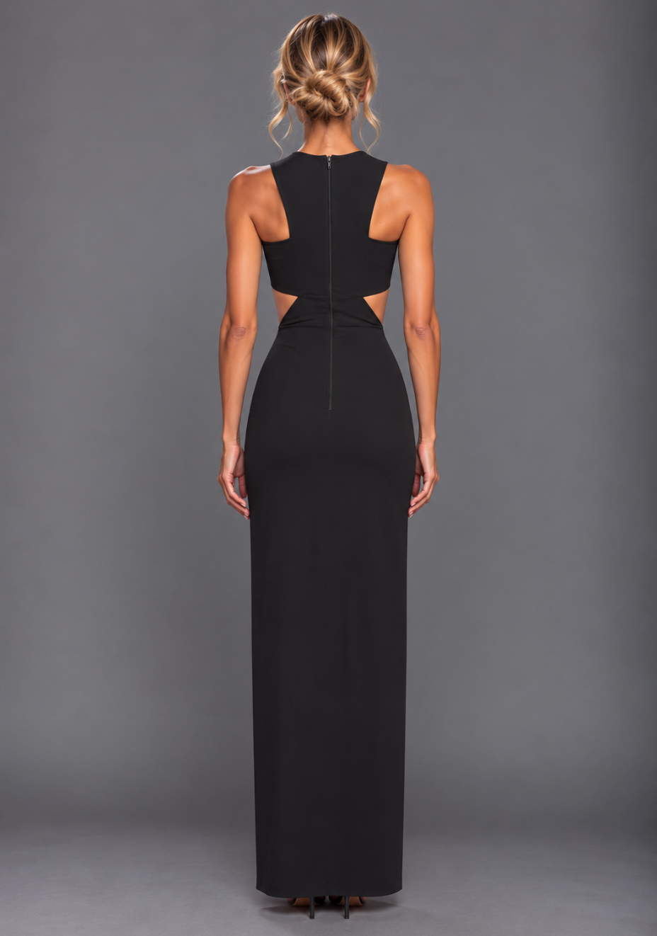 Back image of a model wearing the VSPR Paige Cut-Out Black Maxi Dress in Black, highlighting the refined back view and centre back zip, figure-skimming maxi silhouette against a grey studio backdrop.