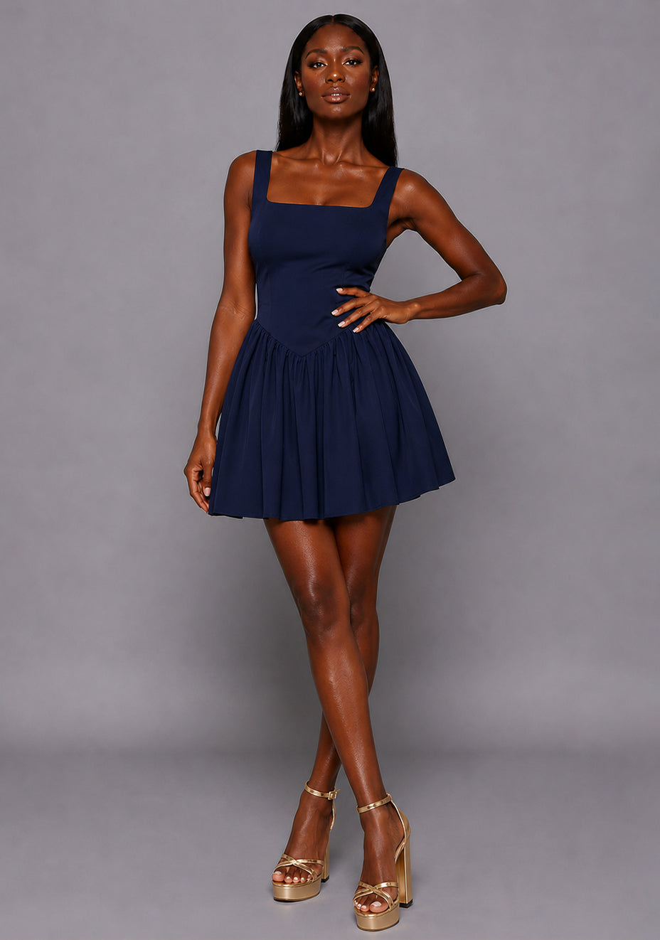 Sofia | Square Neck Skater Skirt Navy Mini Dress