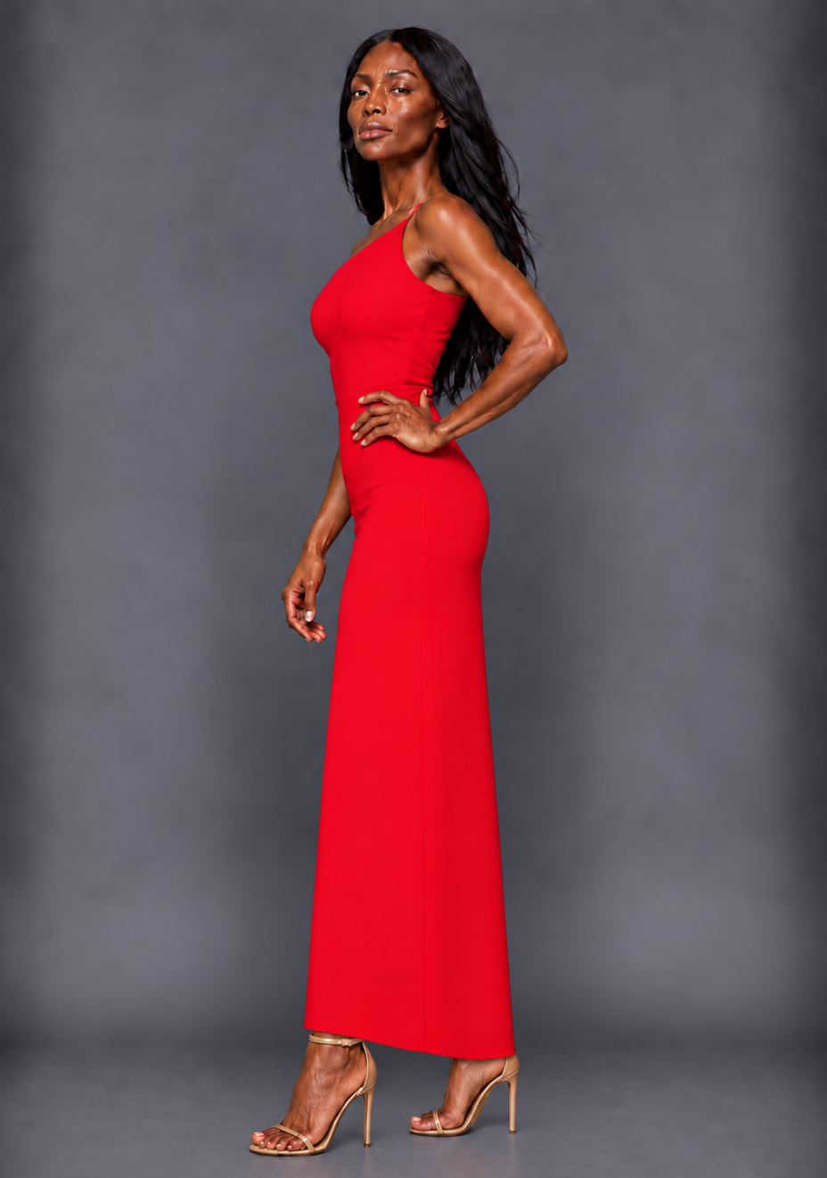 Side front image of a model wearing the VSPR Stella One Shoulder Red Maxi Dress, showcasing the sculpted body-skimming fit and thigh-high front split against a grey studio backdrop.