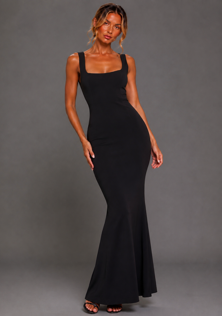 Solana | Square Neck Fishtail Black Maxi Dress