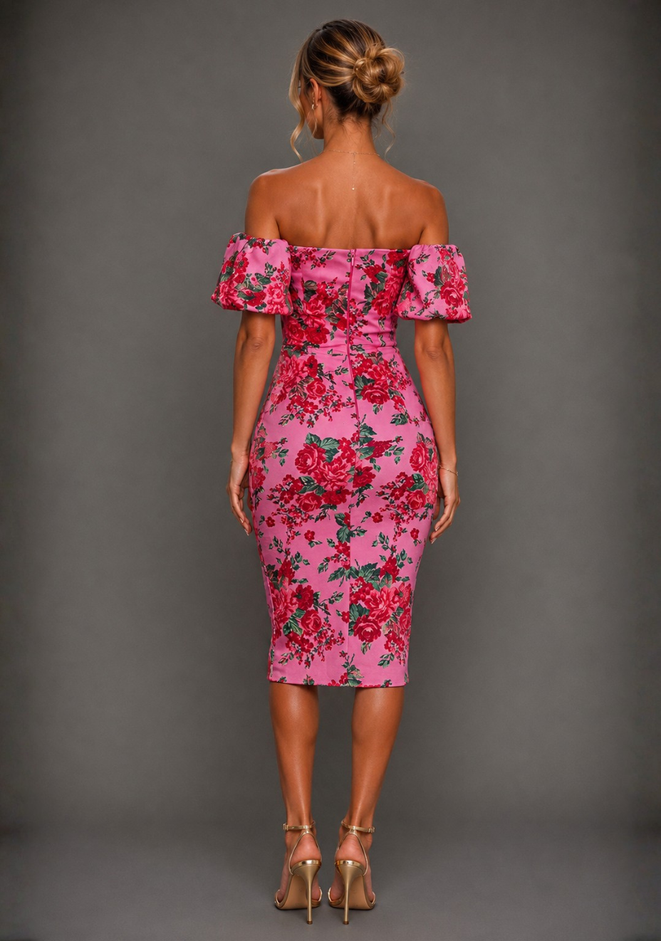 Anastasia | Bardot Puff Sleeve Pink Floral Midi Dress