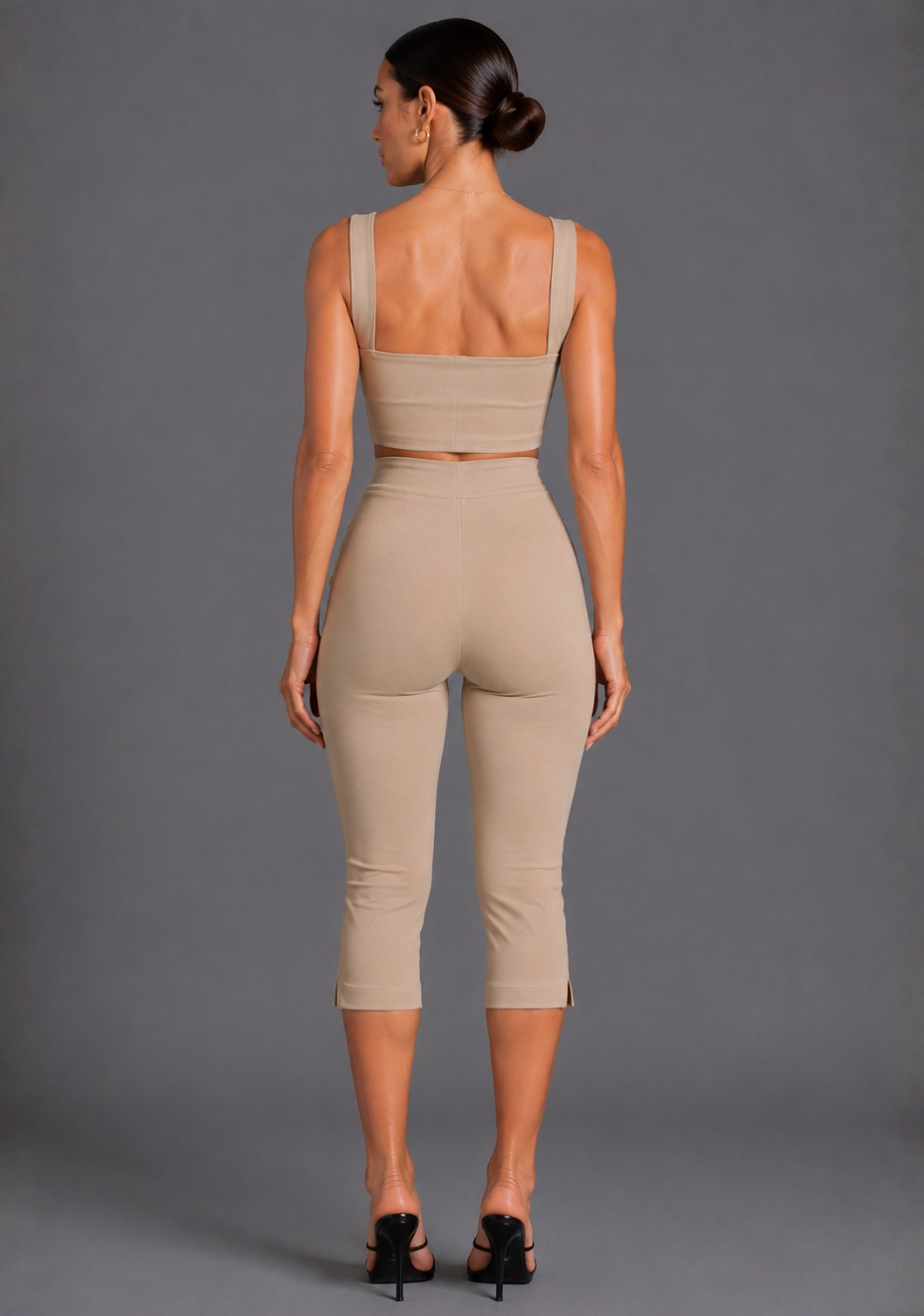 Athena | Square Neckline Button Detail Taupe Crop Top