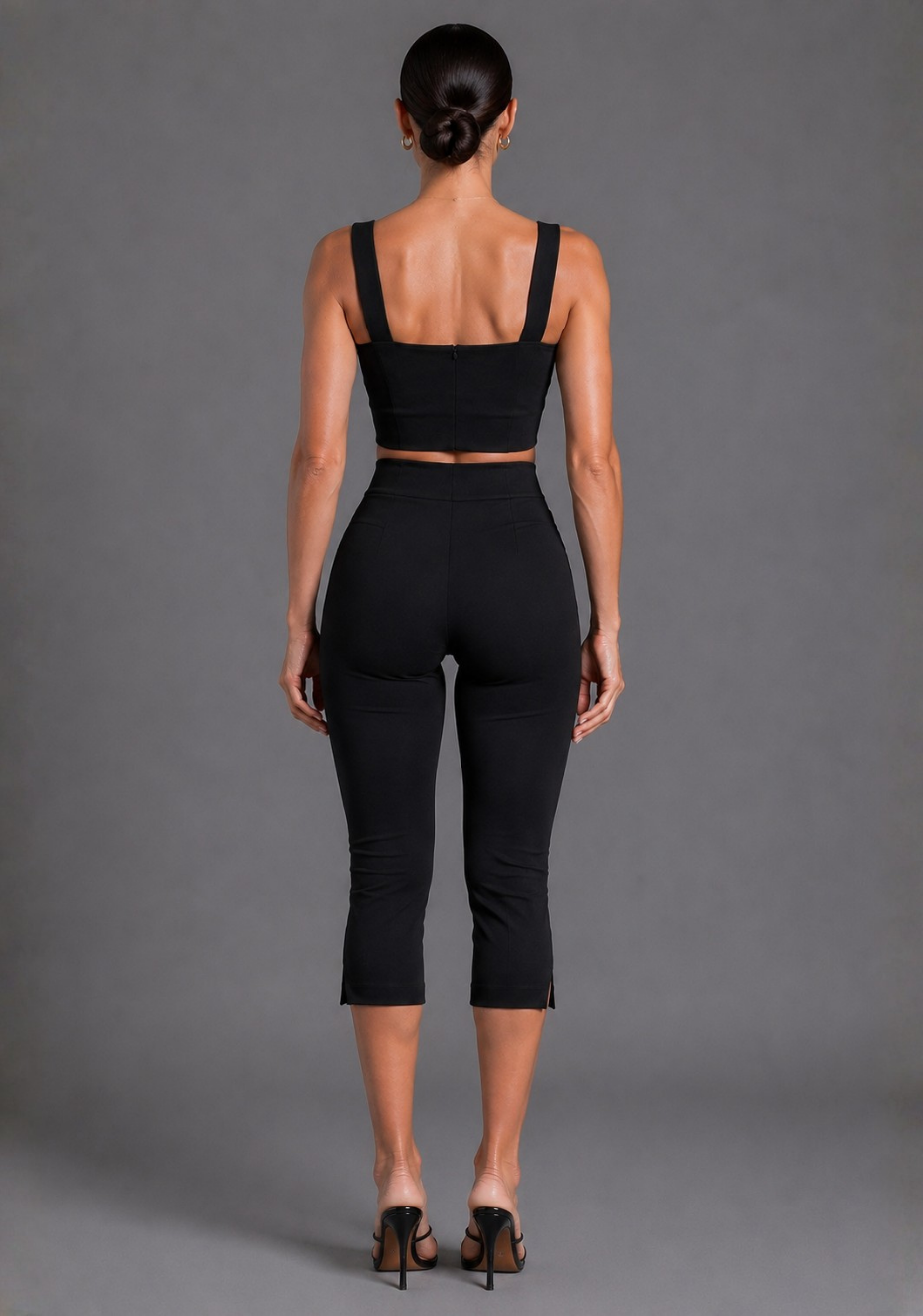 Athena | Square Neckline Button Detail Black Crop Top