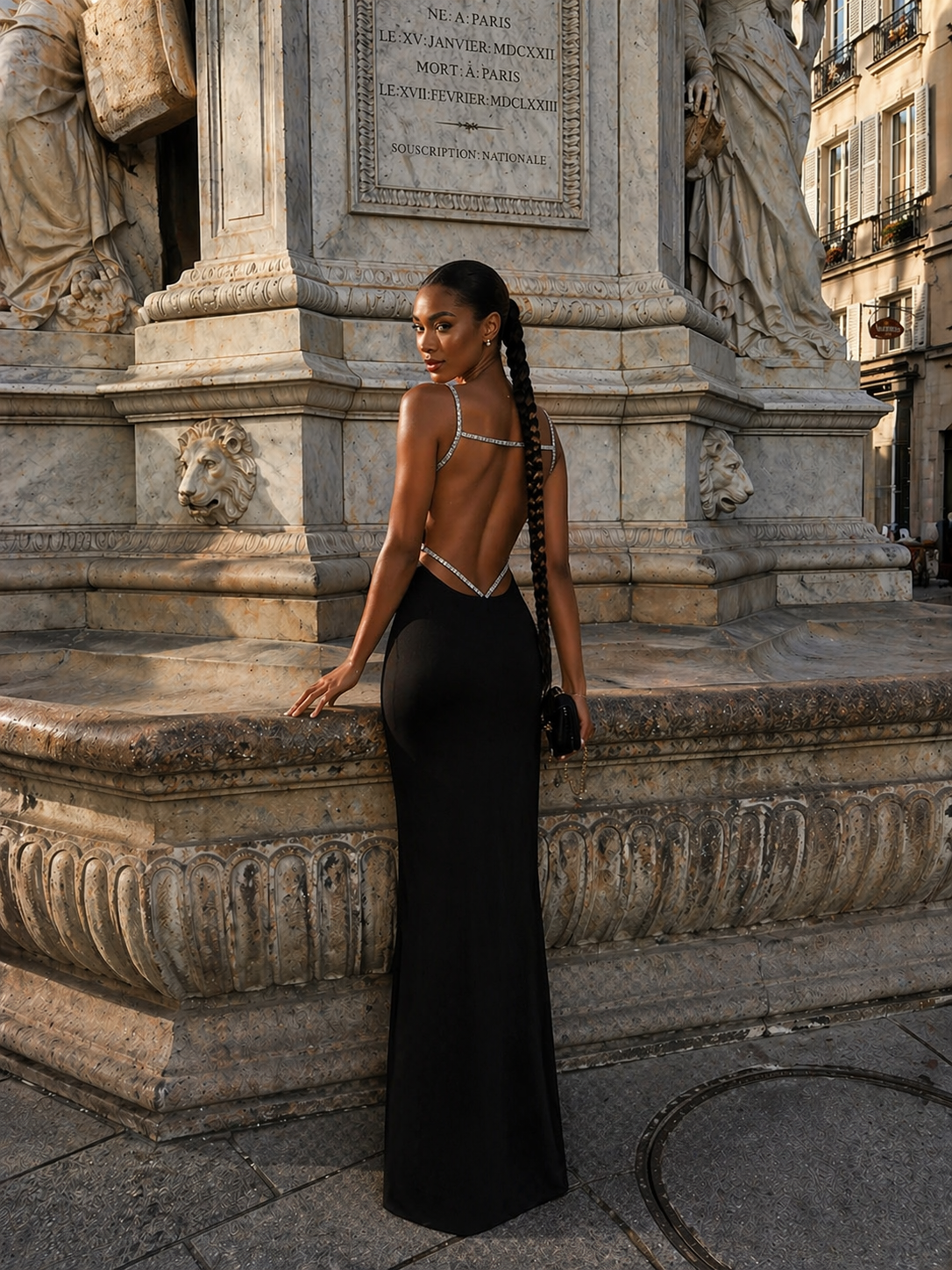 Woman in a black evening gown standing in front of a stone monument with classical sculptures.