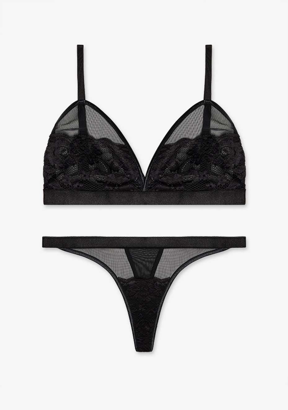 Lyra 2-piece Black underwear set featuring lace fabric and elegant floral details, displayed on a white background.
