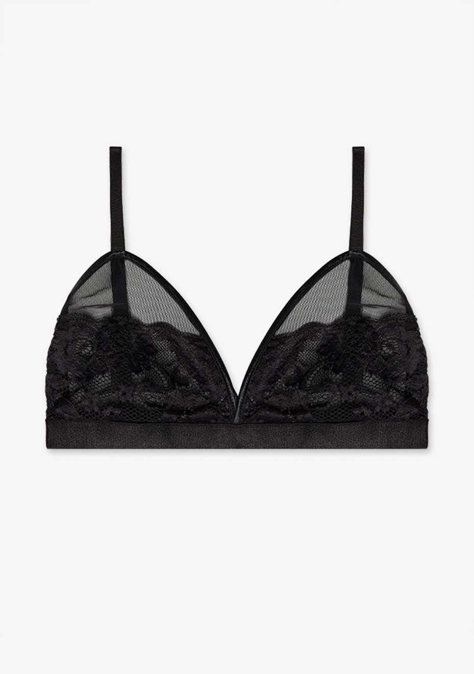 Black Lyra lace bra with delicate flower embroidery, shown close-up against a white backdrop.