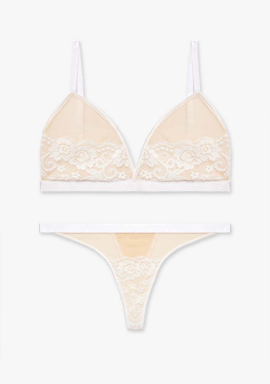 VSPR Lyra 2 set underwear with white and nude tones, featuring delicate floral lace design displayed on a white background.