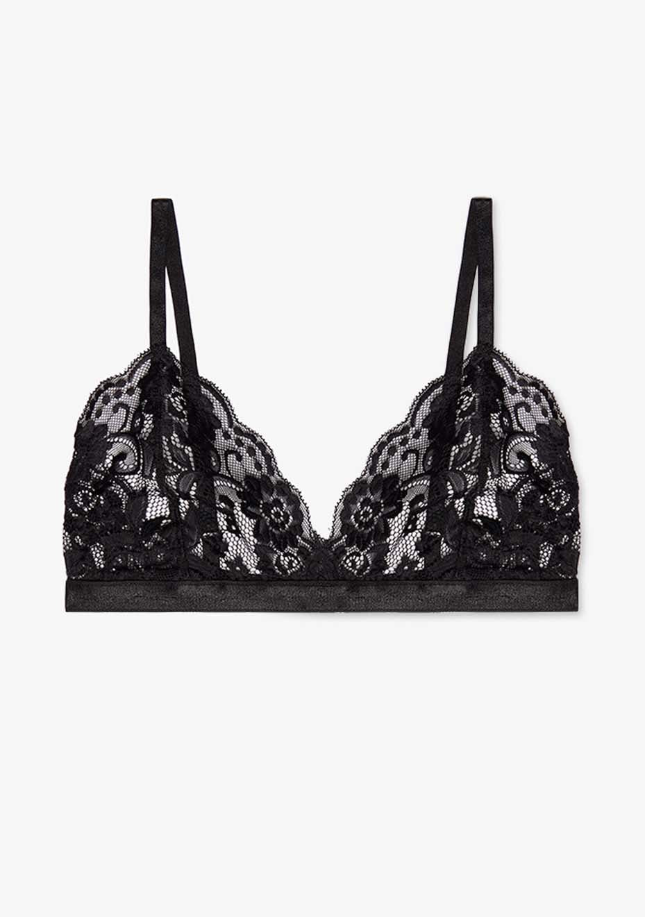 Orla black lace bra with floral detailing and adjustable straps, shown against a neutral backdrop.