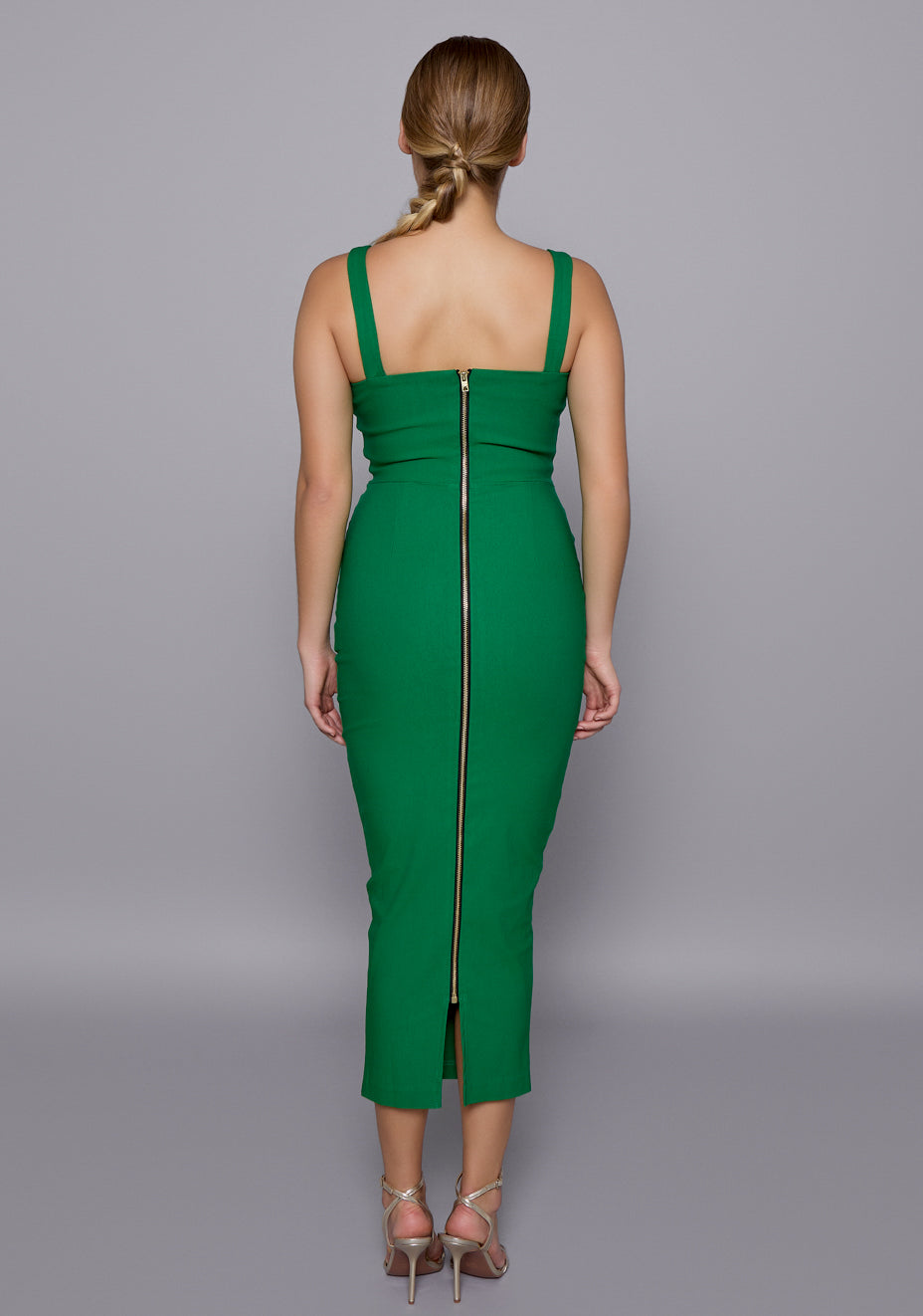 Back view of the VSPR Pallas Emerald Midaxi Dress with wide straps and a statement gold center-back zip, accentuating the sculpted fit and clean finish.