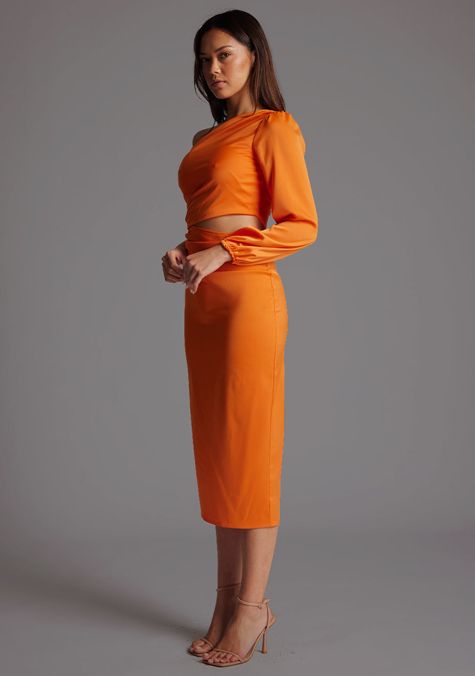 Niccola | One Sleeve Satin Midi Dress - Orange