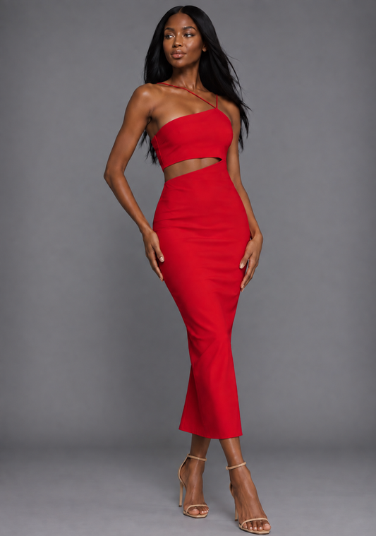 Front image of a model wearing the VSPR Whitney Strappy One Shoulder Cut Out Red Midaxi Dress with an asymmetric neckline, side cut-out, and and a curve-hugging fit against a grey studio background.