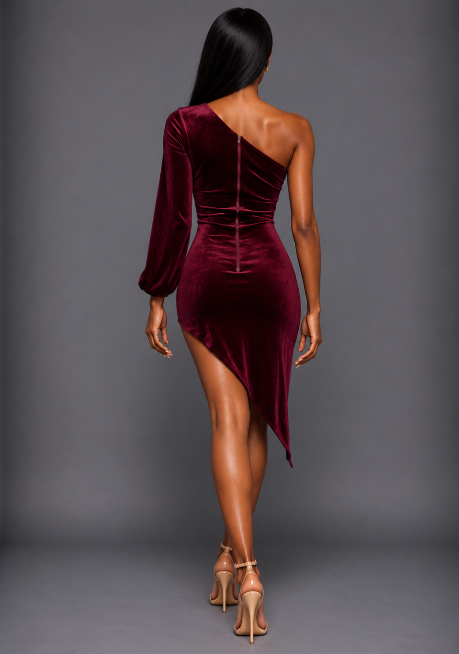Loxley | One Sleeve Burgundy Velvet Mini Dress