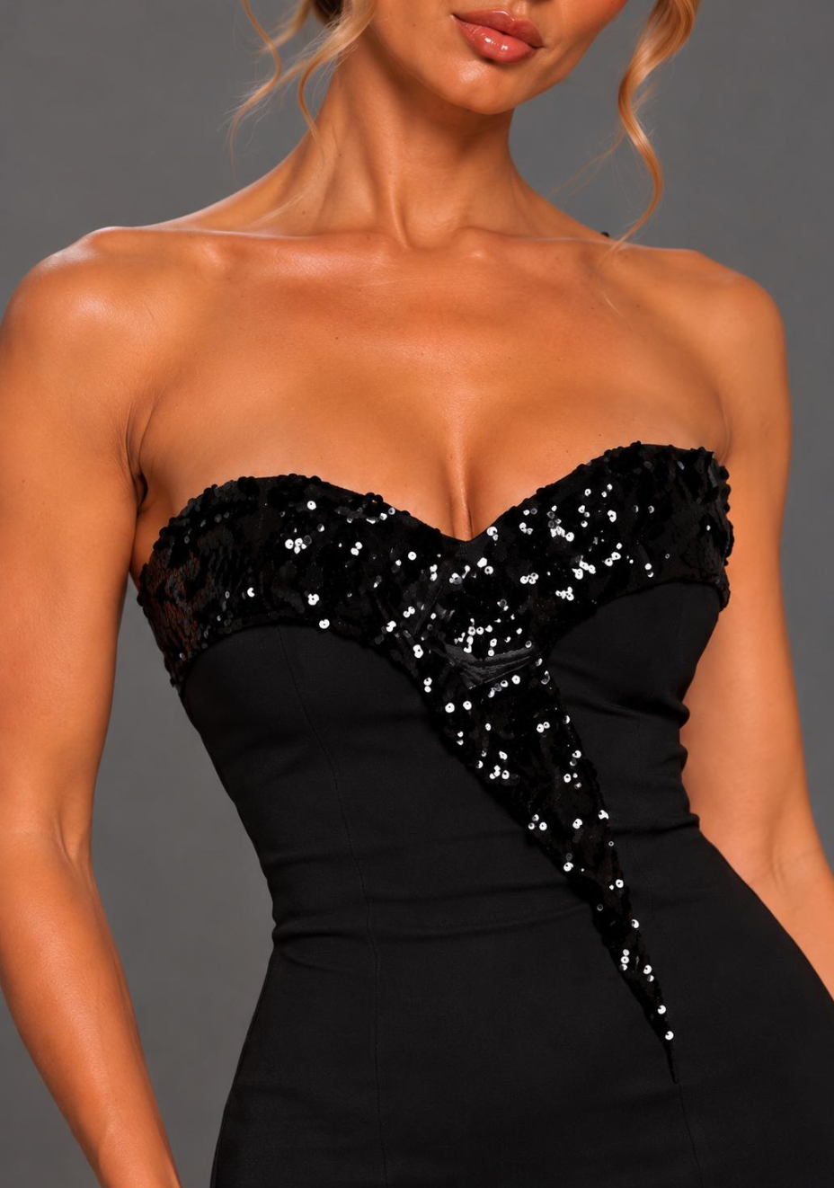 Mindy | Strapless Sequin Black Midi Dress