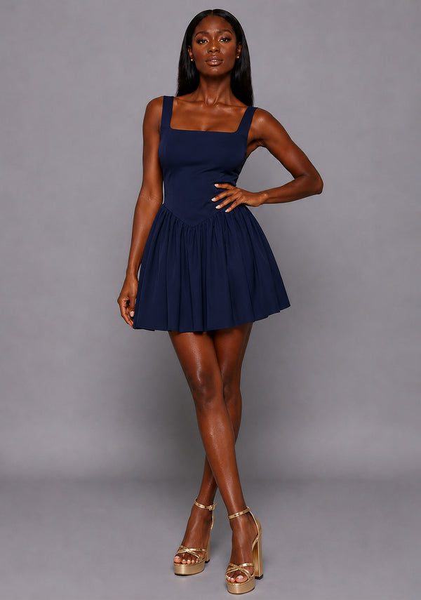 Sofia | Square Neck Skater Skirt Navy Mini Dress