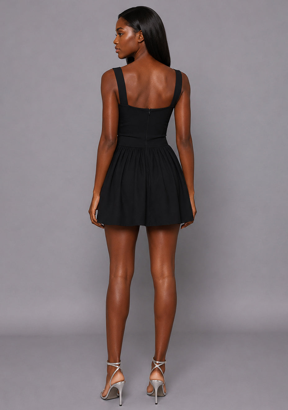 Sofia | Square Neck Skater Skirt Black Mini Dress