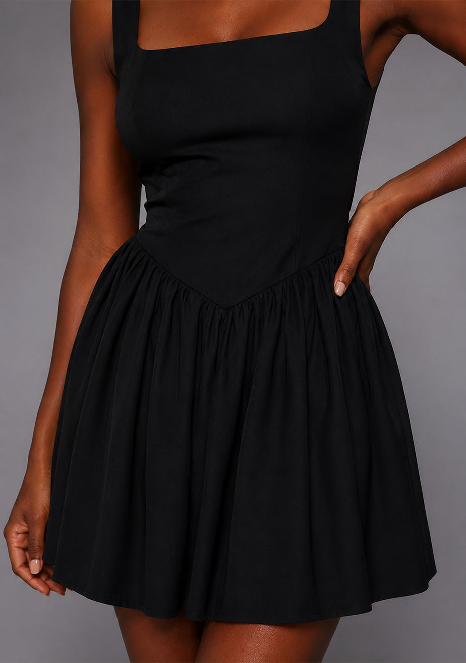 Sofia | Square Neck Skater Skirt Black Mini Dress