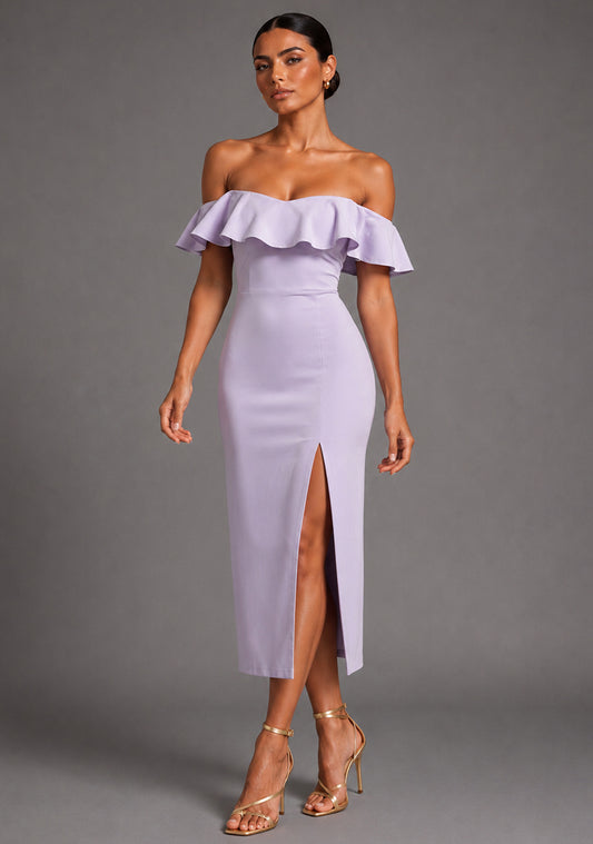 Deirdre | Bardot Off-Shoulder Frill Lilac Midaxi Dress