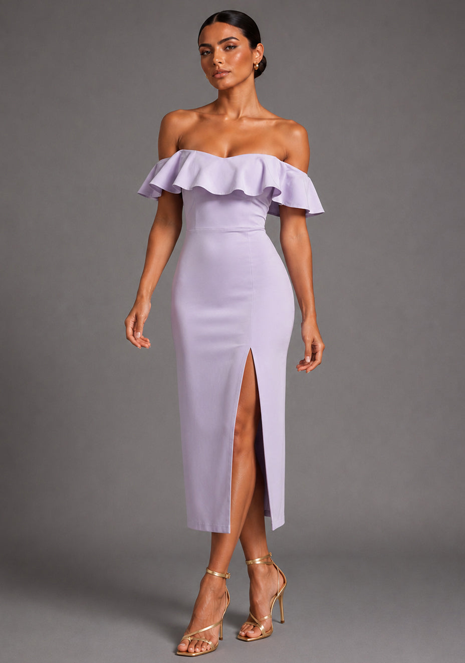 Deirdre | Bardot Off-Shoulder Frill Lilac Midaxi Dress