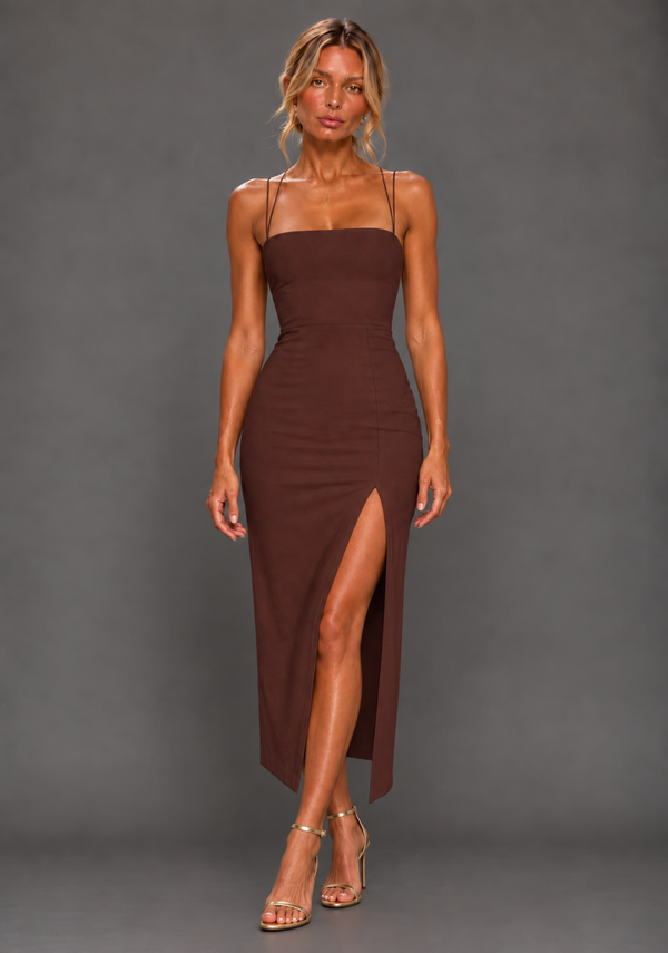 Alyssa | Strappy Thigh Split Chocolate Midaxi Dress