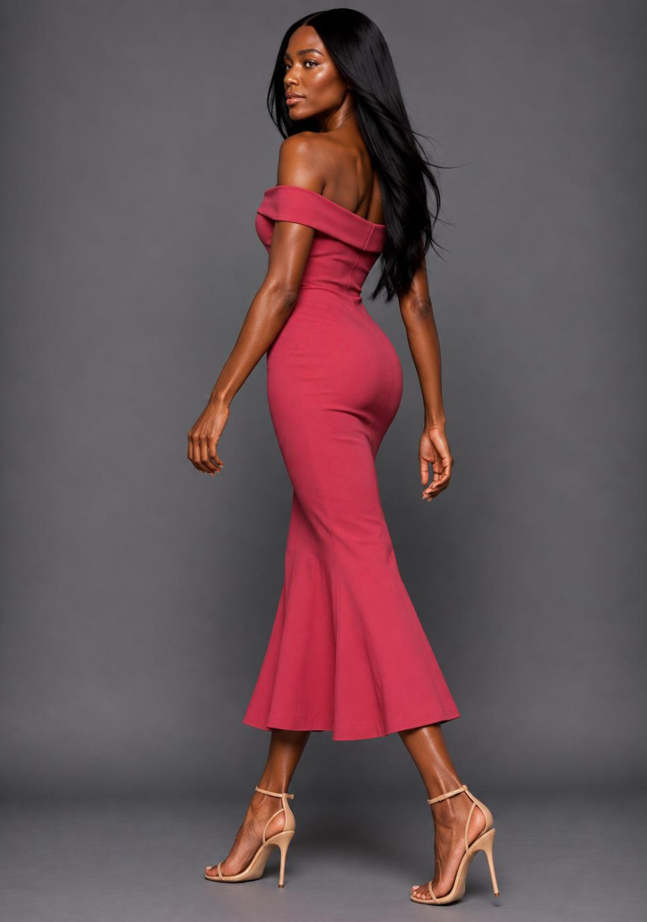 Brielle | Bardot Fishtail Raspberry Midaxi Dress