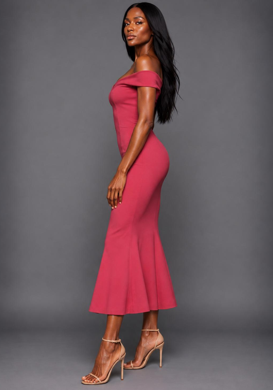 Brielle | Bardot Fishtail Raspberry Midaxi Dress