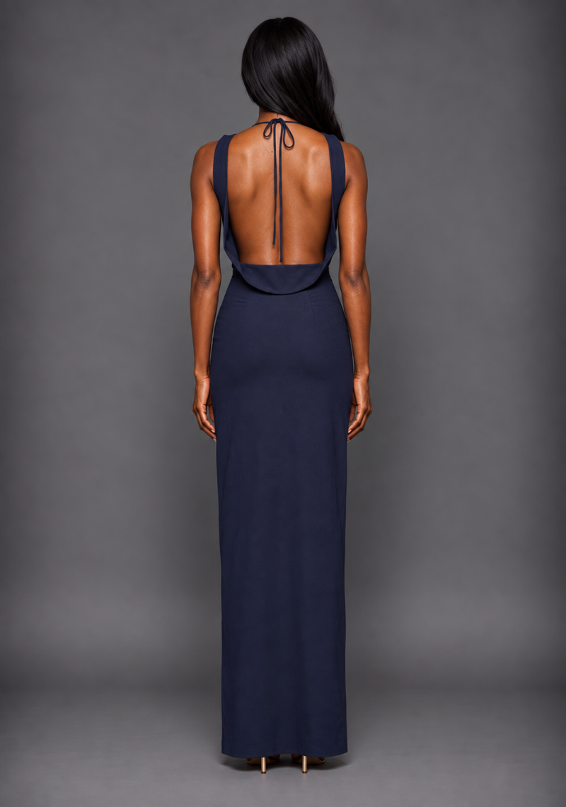 navy backless maxi dress Brodi KissProm | Sheath Blue XXS Size:38B gracefully accented with a