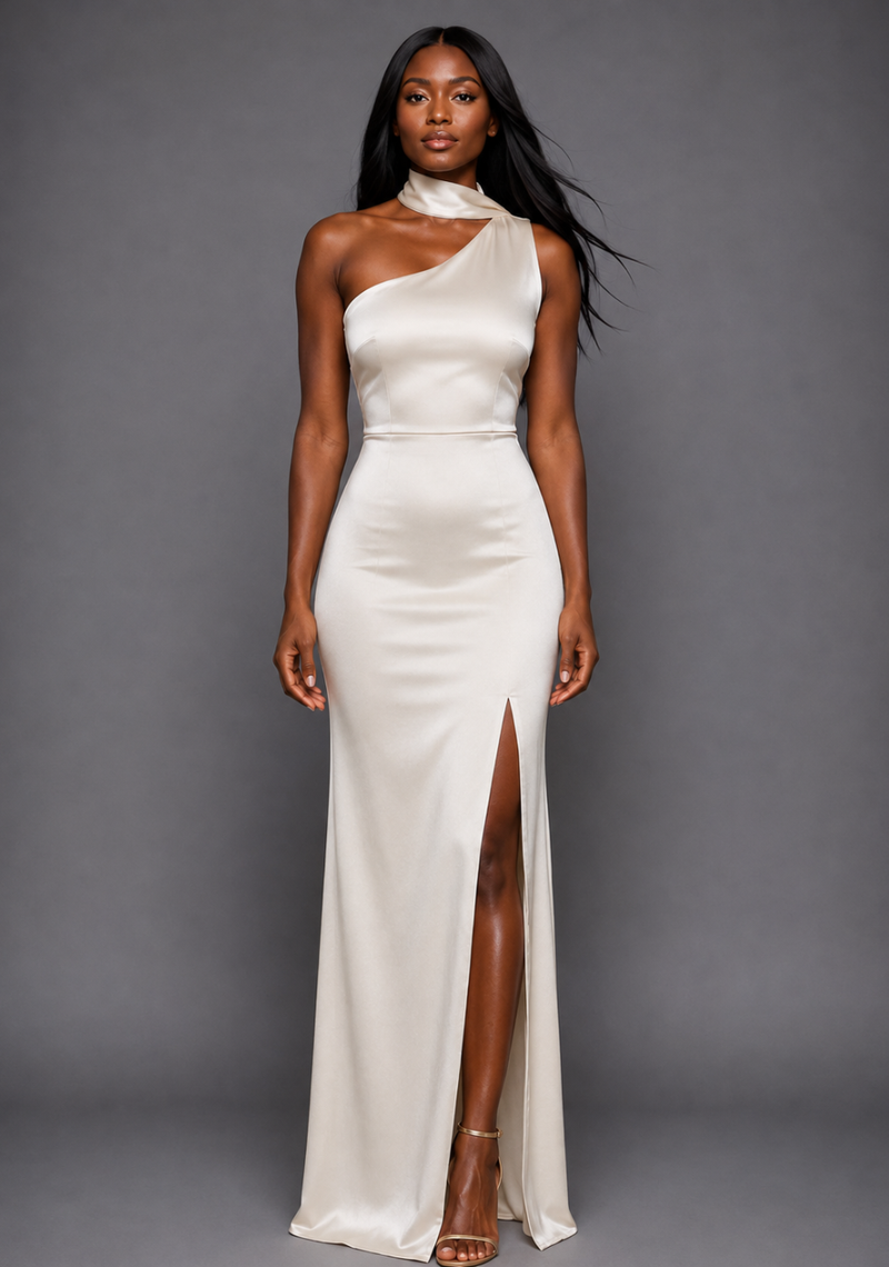 creme maxi dress Cordula Unique Bateau Bat Sleeves new 10/7 Bodice features silicone tape All Sizes:10