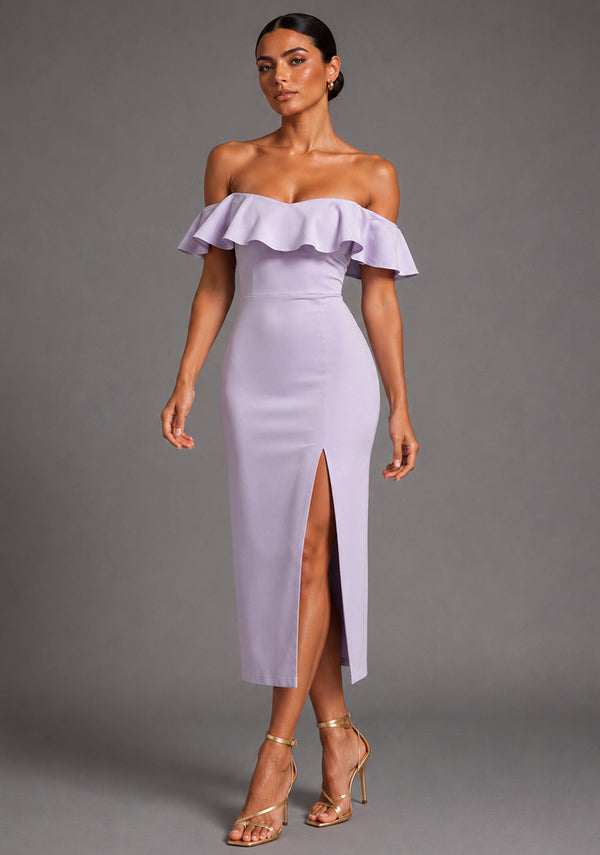 Deirdre | Bardot Off-Shoulder Frill Lilac Midaxi Dress