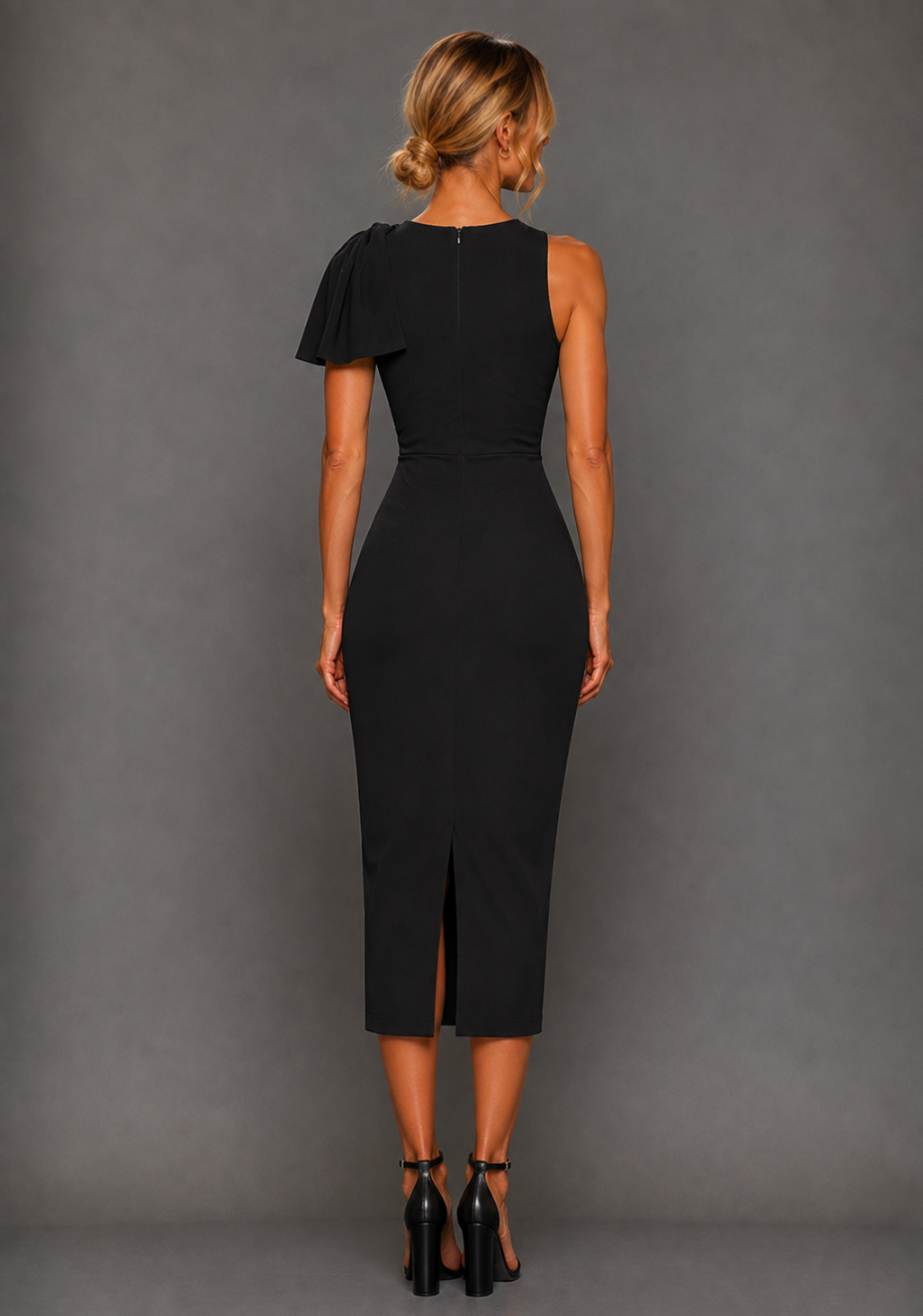 Back image of a model wearing the Vesper Elmira Gathered Shoulder Bodycon Midaxi Dress in Black, featuring a sleek, streamlined silhouette and polished finish.