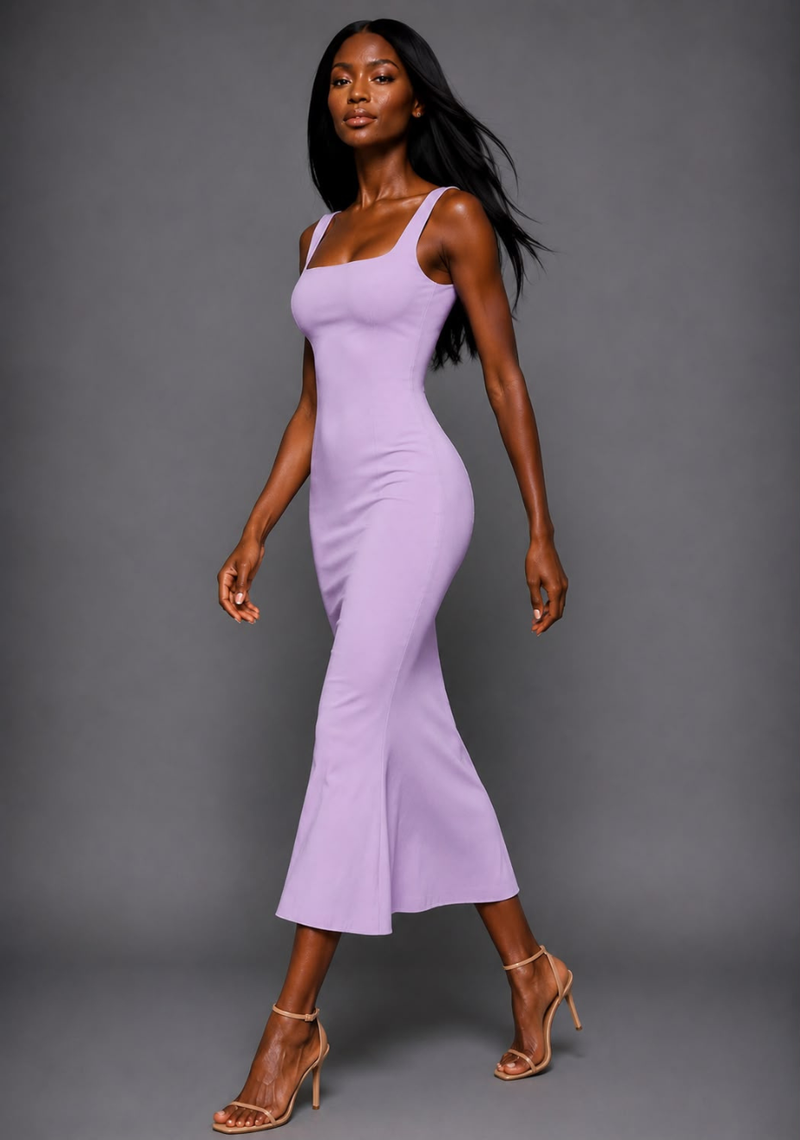 Marianna | Square Neckline Fishtail Lilac Midaxi Dress