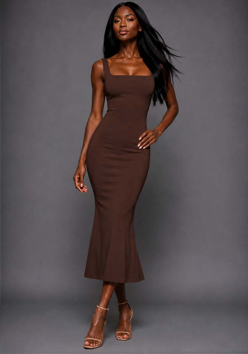 Marianna | Square Neckline Fishtail Chocolate Midaxi Dress
