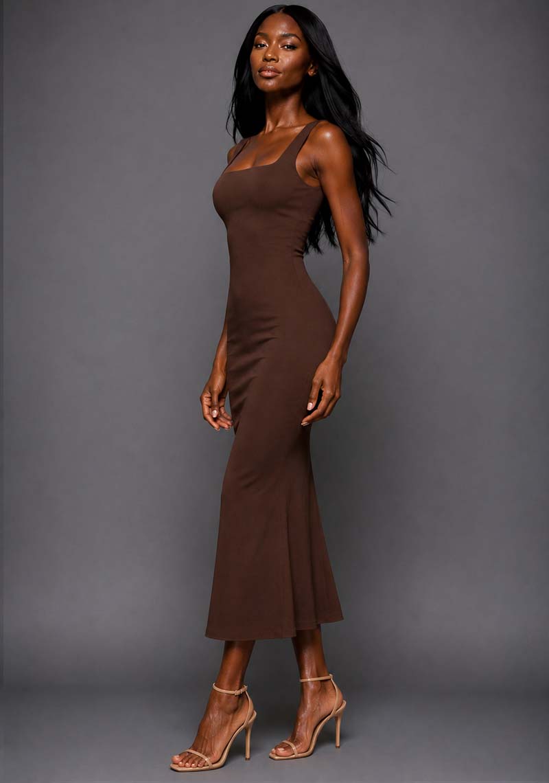 Marianna | Square Neckline Fishtail Chocolate Midaxi Dress