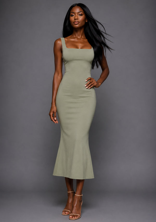 Marianna | Square Neckline Fishtail Olive Midaxi Dress