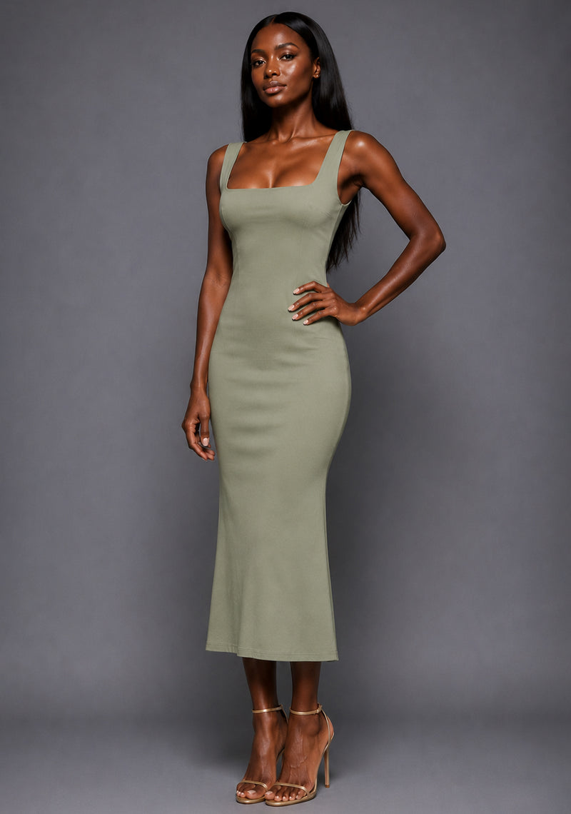 Marianna | Square Neckline Olive Midaxi Dress