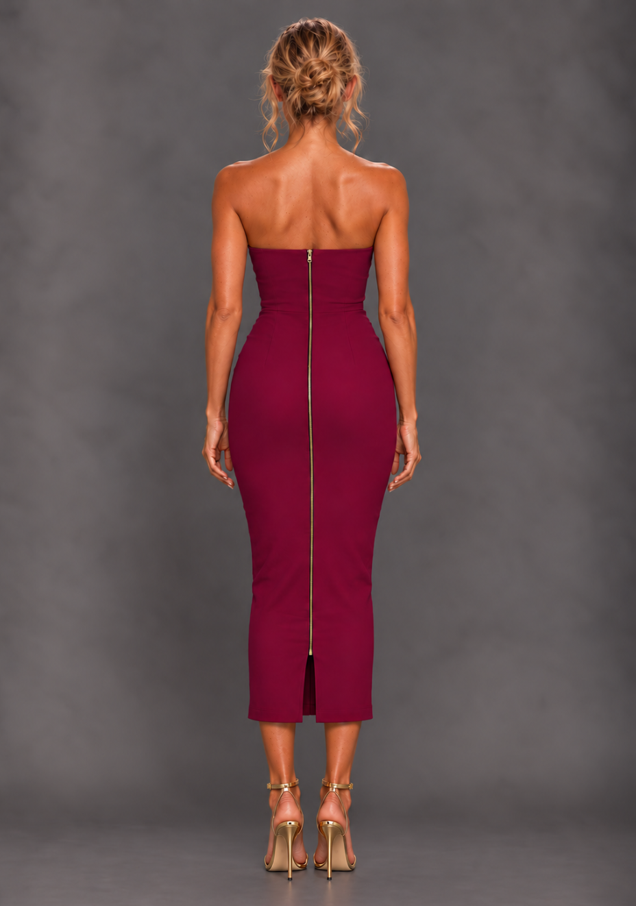 Back image of a model wearing the VSPR Marion Sweetheart Neckline Berry Midaxi Dress, on a model, highlighting its figure-contouring shape and sophisticated berry finish against a grey studio backdrop.
