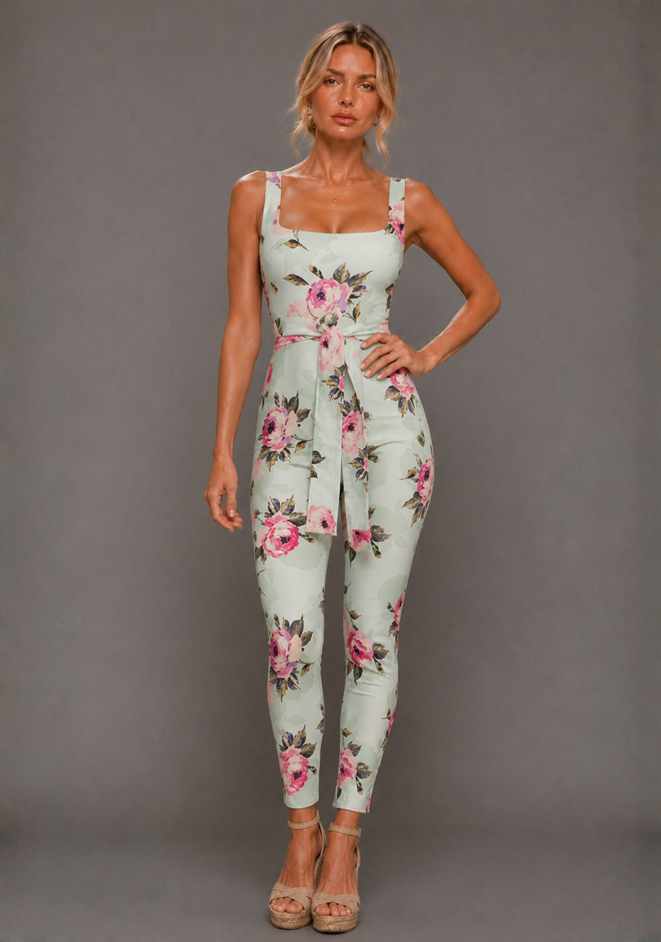 Nala | Square Neckline Mint Floral Jumpsuit