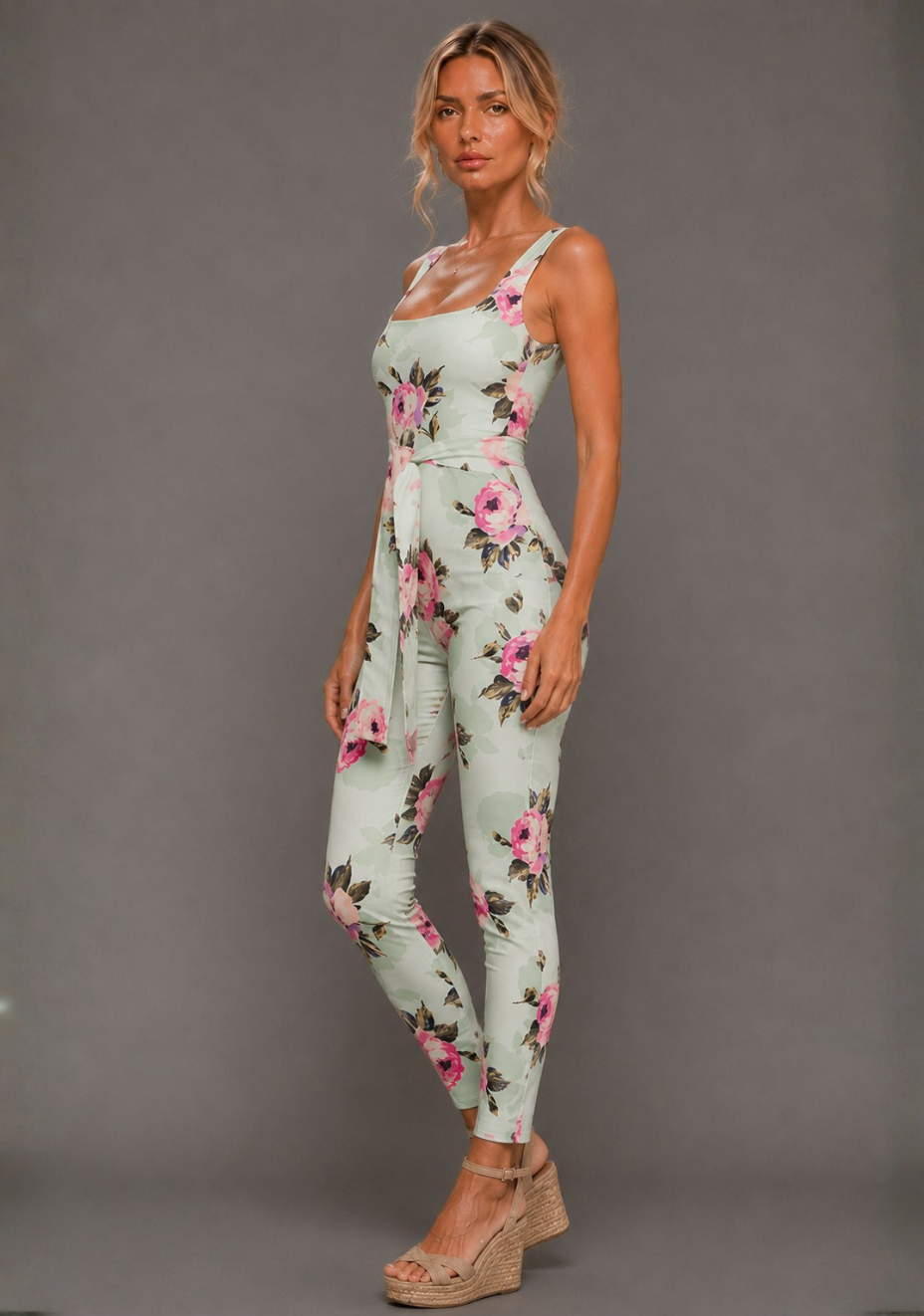 Side front image of a model wearing the VSPR Nala Square Neckline Mint Floral Jumpsuit in Mint Floral, showcasing the self-tie waist belt and fitted bodice, standing against a grey studio backdrop.