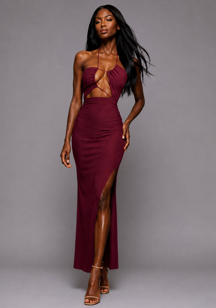 long burgundy dress with split Simple Burgundy Satin Split Long Prom Evening Dress With Pockets US2 / Custom Color