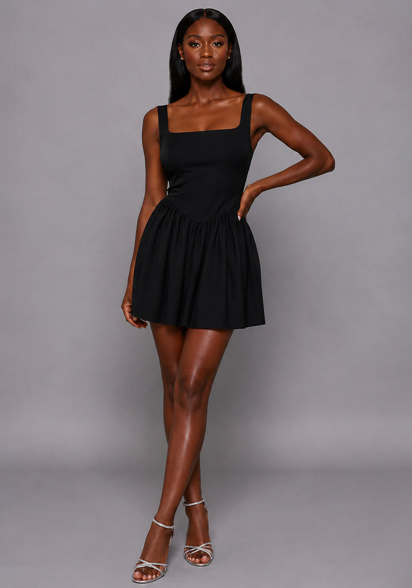 Sofia | Square Neck Skater Skirt Black Mini Dress