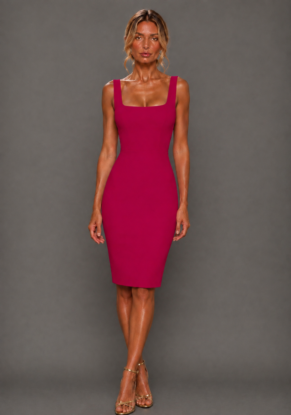 Zada | Square Neck Cerise Midi Dress