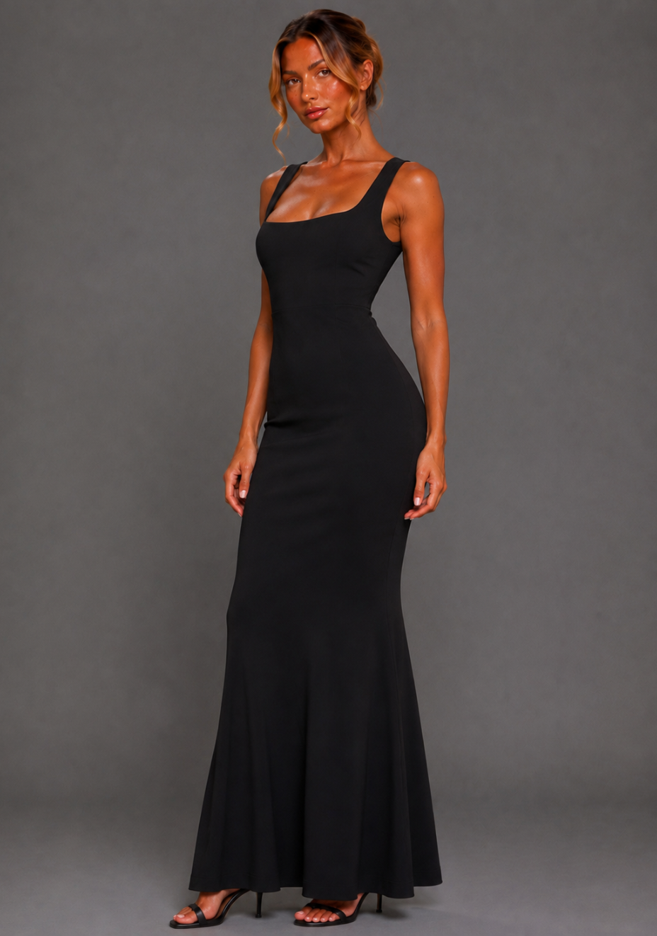 Solana | Square Neck Fishtail Black Maxi Dress