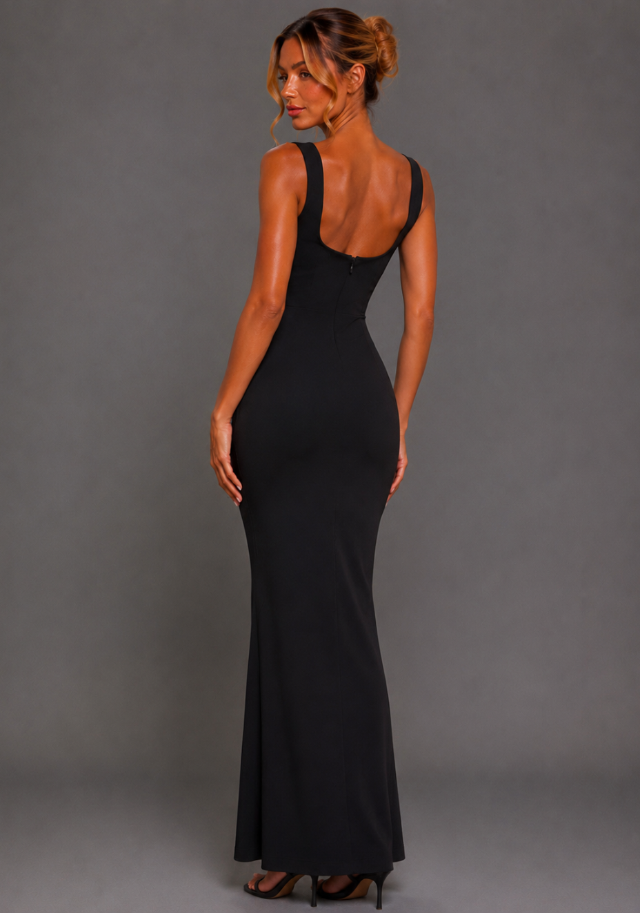 Solana | Square Neck Fishtail Black Maxi Dress