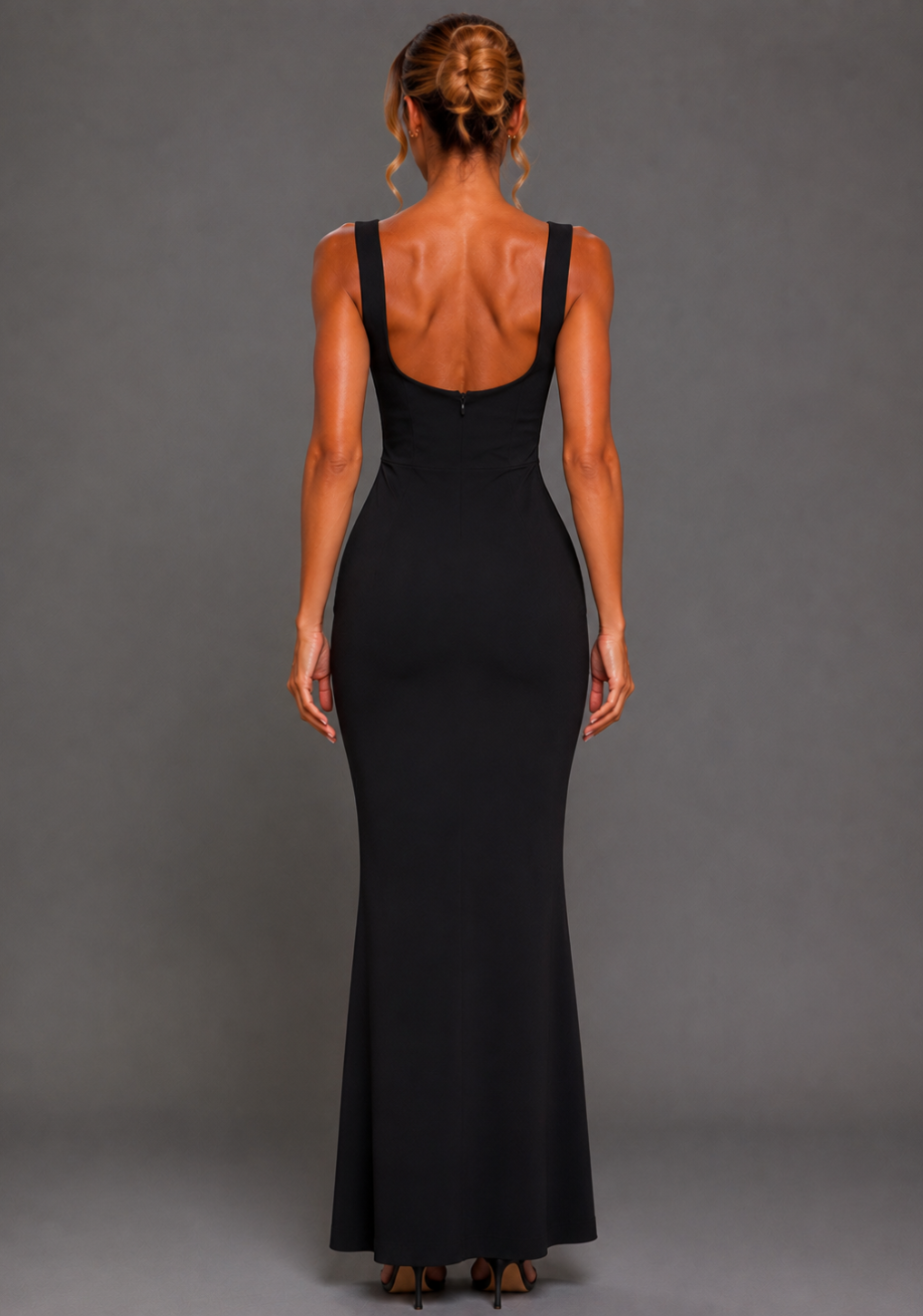 Solana | Square Neck Fishtail Black Maxi Dress