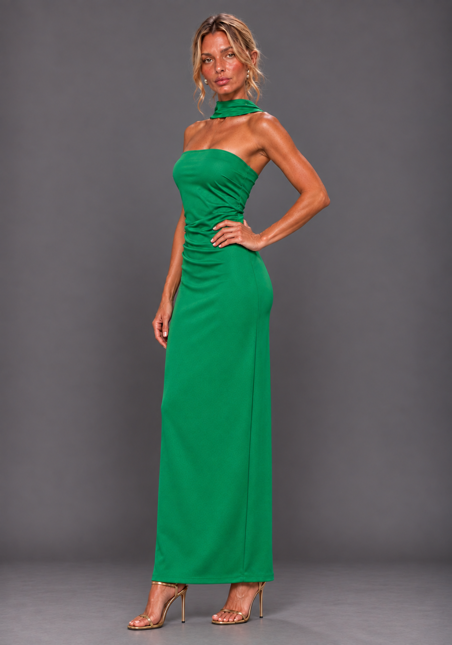 Tiffany | Bandeau Ruched Waist Emerald Maxi Dress