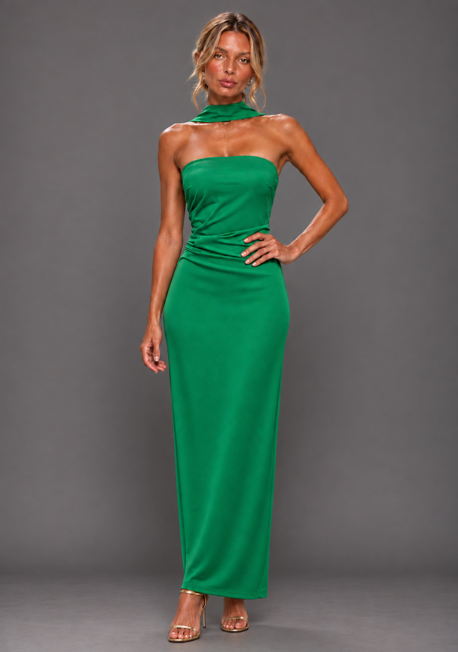 Tiffany | Bandeau Ruched Waist Emerald Maxi Dress