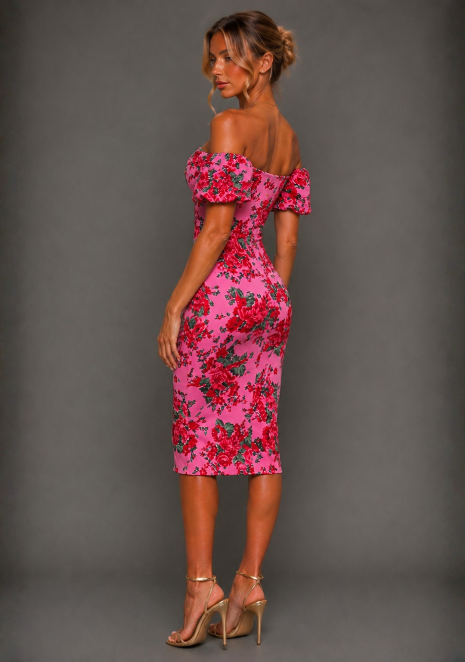 Anastasia | Bardot Puff Sleeve Pink Floral Midi Dress